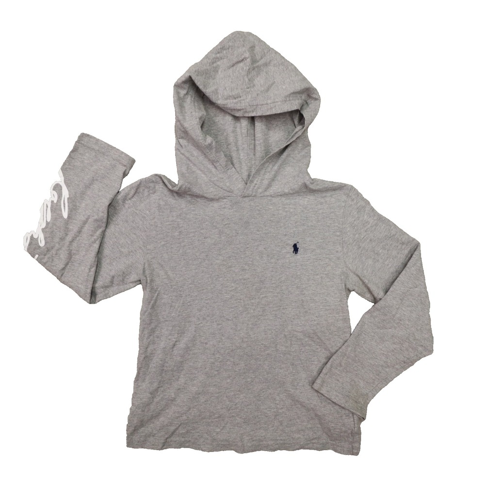 Polo Ralph Lauren Long Sleeve Knit Hoodie Shirt Heather Grey Logo Boy's M 10-12